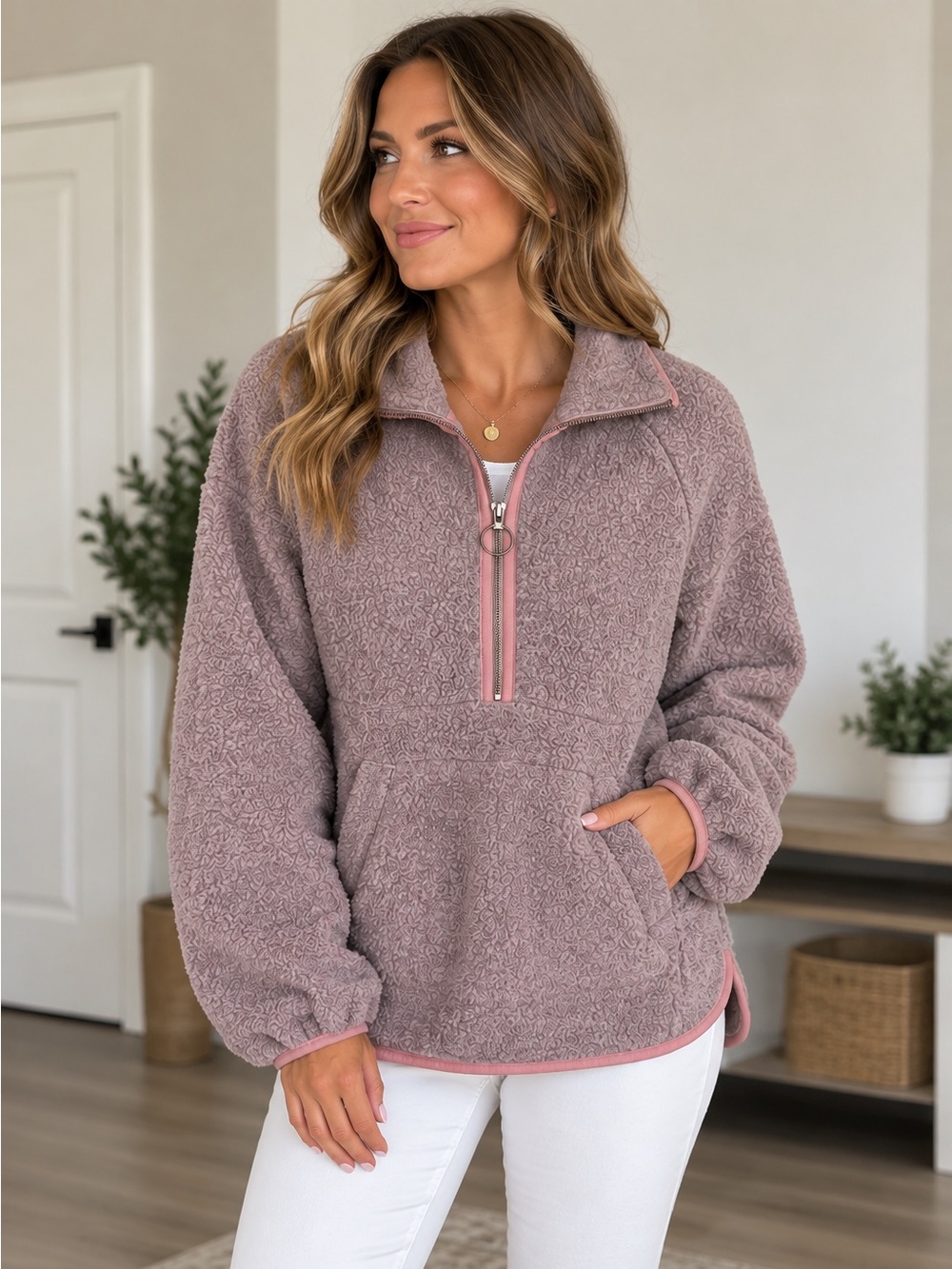 Madewell Women’s XL Gray/Pink Sherpa Fleece Quarter-Zip Pullover